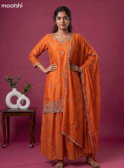 Orange Semi Tussar Embroidery Work Short Straight Suit
