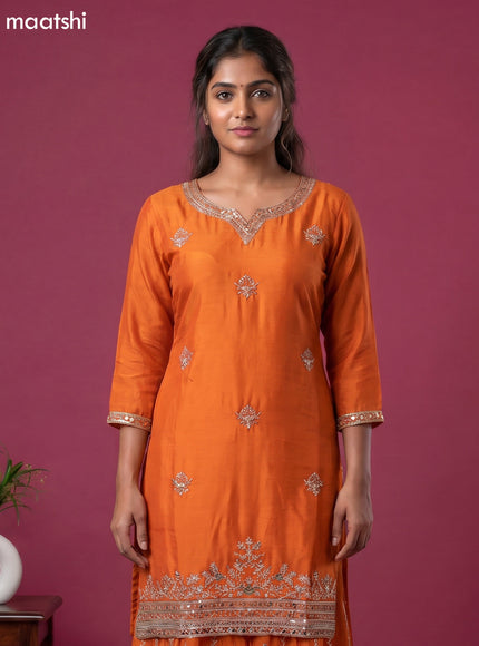 Orange Semi Tussar Embroidery Work Short Straight Suit
