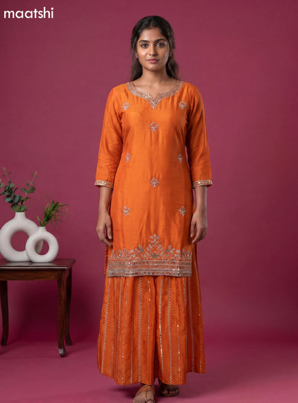 Orange Semi Tussar Embroidery Work Short Straight Suit