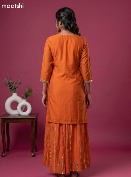 Orange Semi Tussar Embroidery Work Short Straight Suit