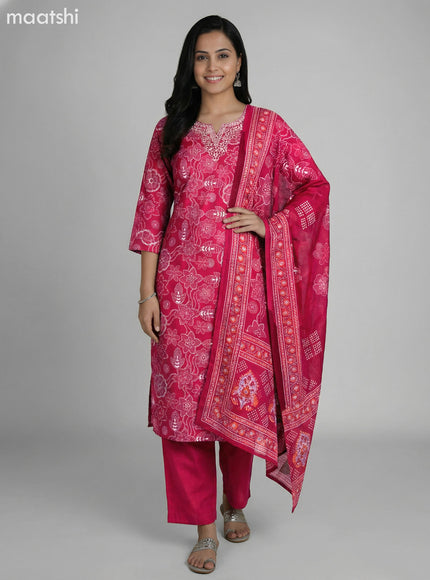 Dark Pink Art Silk Floral Printed & Embroidery Work Straight Suit Straight Cut Pant