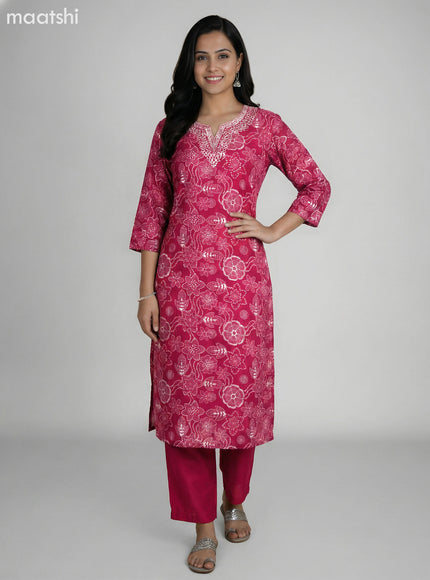 Dark Pink Art Silk Floral Printed & Embroidery Work Straight Suit Straight Cut Pant