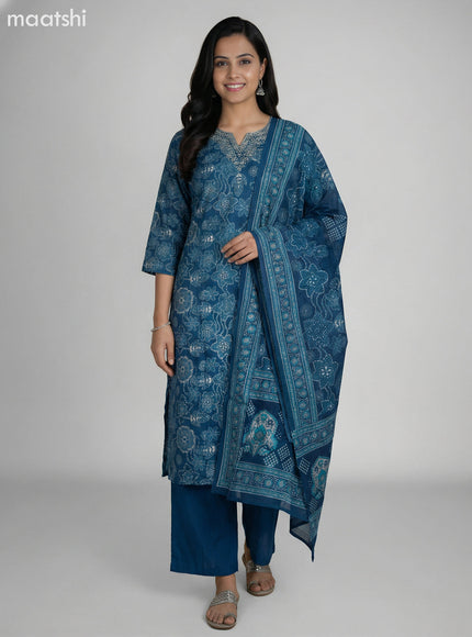 Pecock Blue Art Silk Floral Printed & Embroidery Work Straight Suit Straight Cut Pant