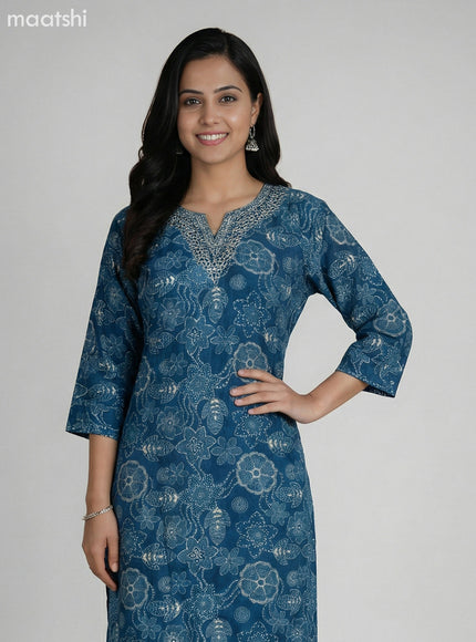 Pecock Blue Art Silk Floral Printed & Embroidery Work Straight Suit Straight Cut Pant