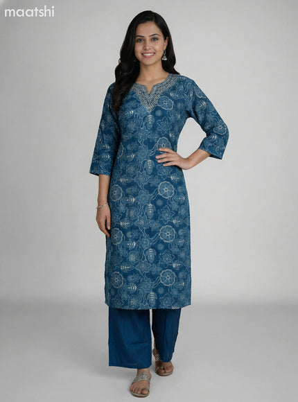 Pecock Blue Art Silk Floral Printed & Embroidery Work Straight Suit Straight Cut Pant