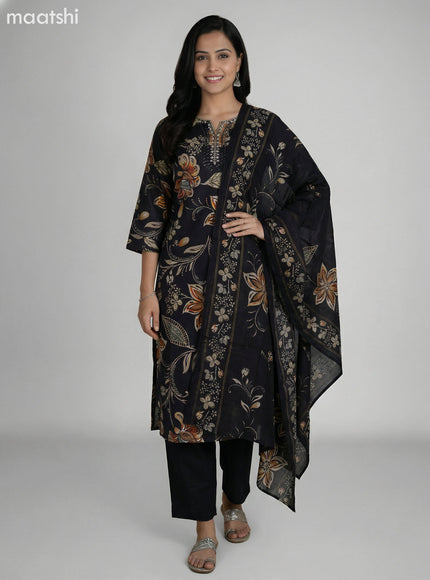 Black Art Silk Floral Printed & Embroidery Work Straight Suit Straight Cut Pant