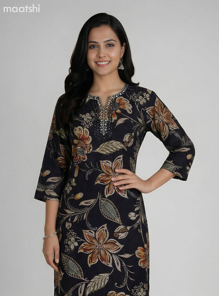 Black Art Silk Floral Printed & Embroidery Work Straight Suit Straight Cut Pant