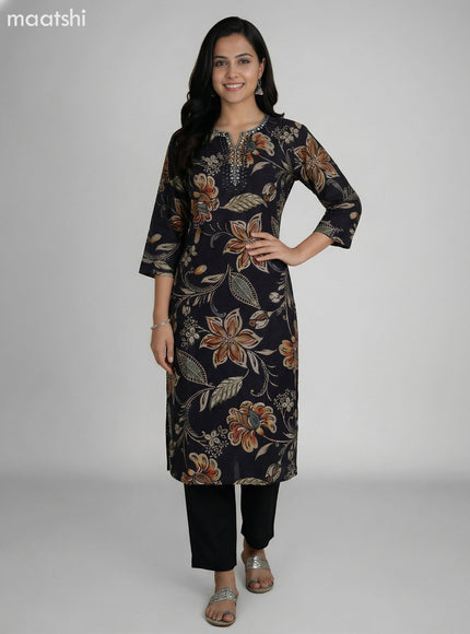 Black Art Silk Floral Printed & Embroidery Work Straight Suit Straight Cut Pant