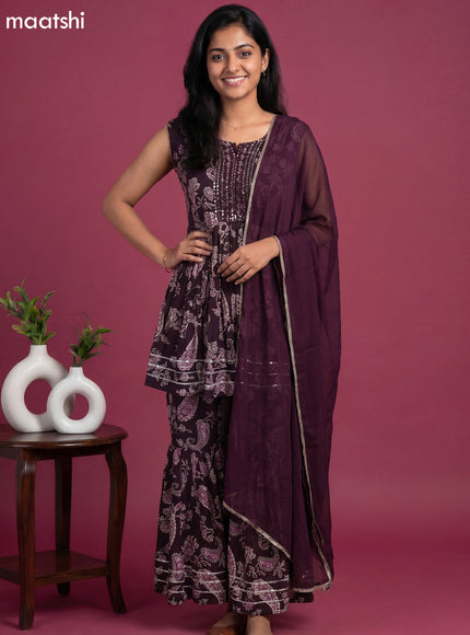 Deep Wine Rayon Floral Printed Short Anarkali Suit