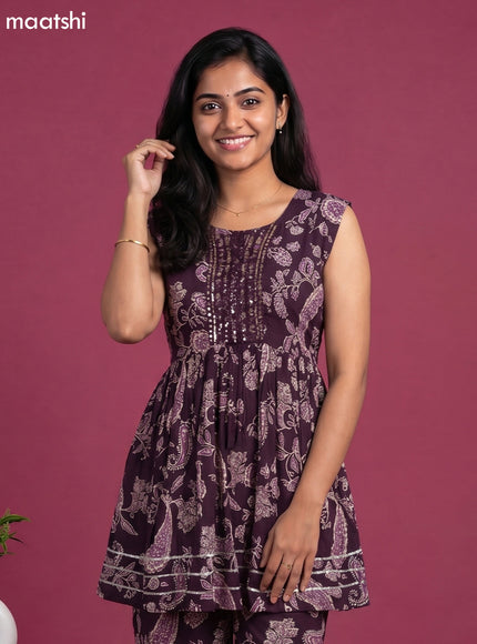 Deep Wine Rayon Floral Printed Short Anarkali Suit