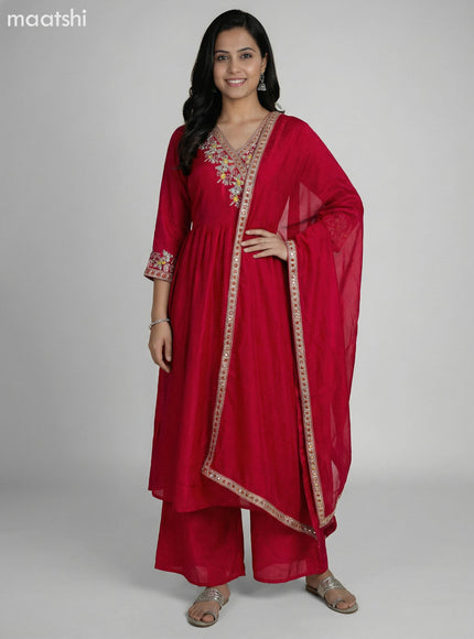 Dark Pink Art Tussar Embroidery Work Anarkali Suit