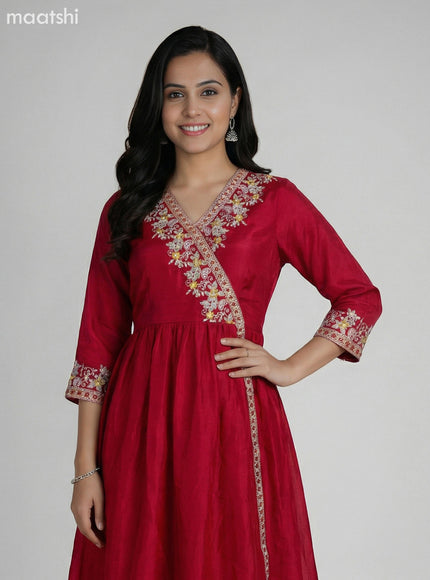 Dark Pink Art Tussar Embroidery Work Anarkali Suit