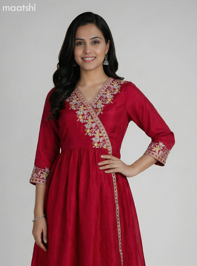 Dark Pink Art Tussar Embroidery Work Anarkali Suit