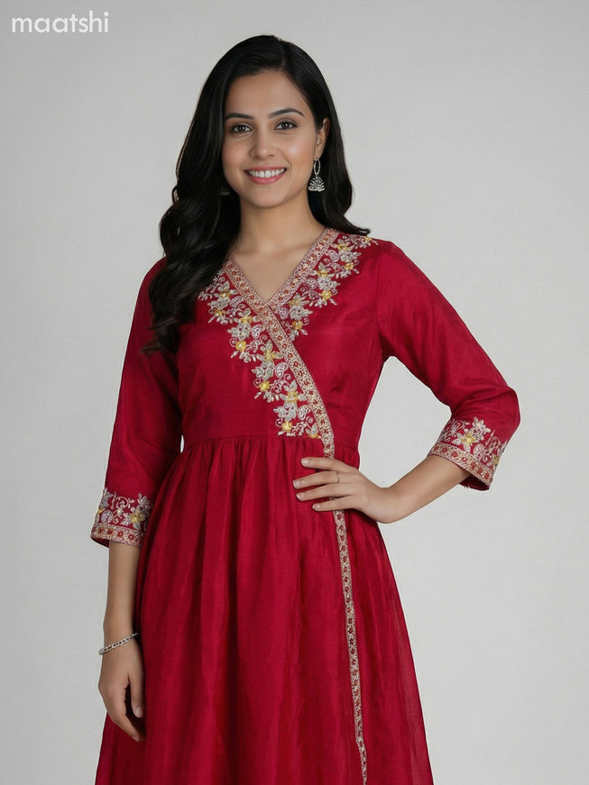 Dark Pink Art Tussar Embroidery Work Anarkali Suit