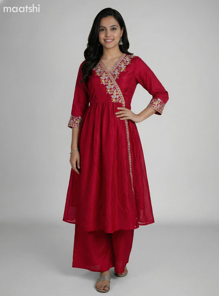 Dark Pink Art Tussar Embroidery Work Anarkali Suit