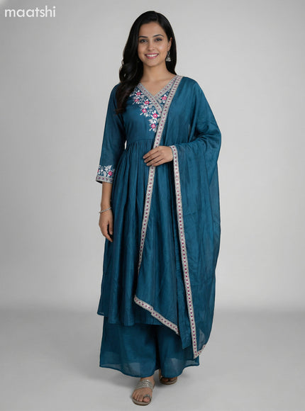 Peacock Blue Semi Tussar Embroidery Work Anarkali Suit