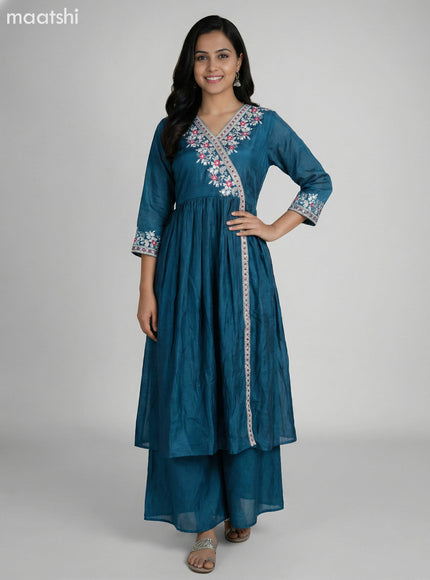 Peacock Blue Semi Tussar Embroidery Work Anarkali Suit