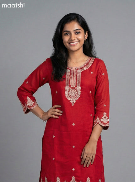 Red Semi Tussar Sequin Work Short Straight Suit