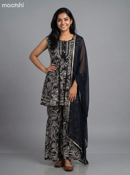 Black and Cream Rayon Floral Printed Short Anarkali Suit