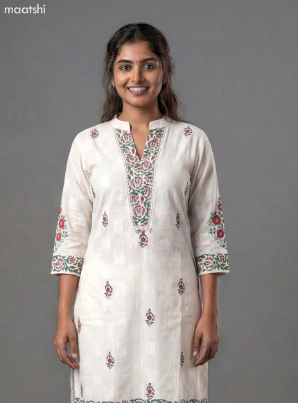 Off White and Green Red Cotton Block Printed Straight Suit