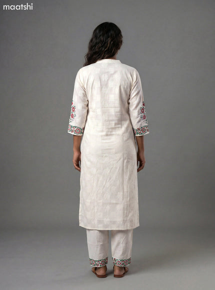 Off White and Green Red Cotton Block Printed Straight Suit