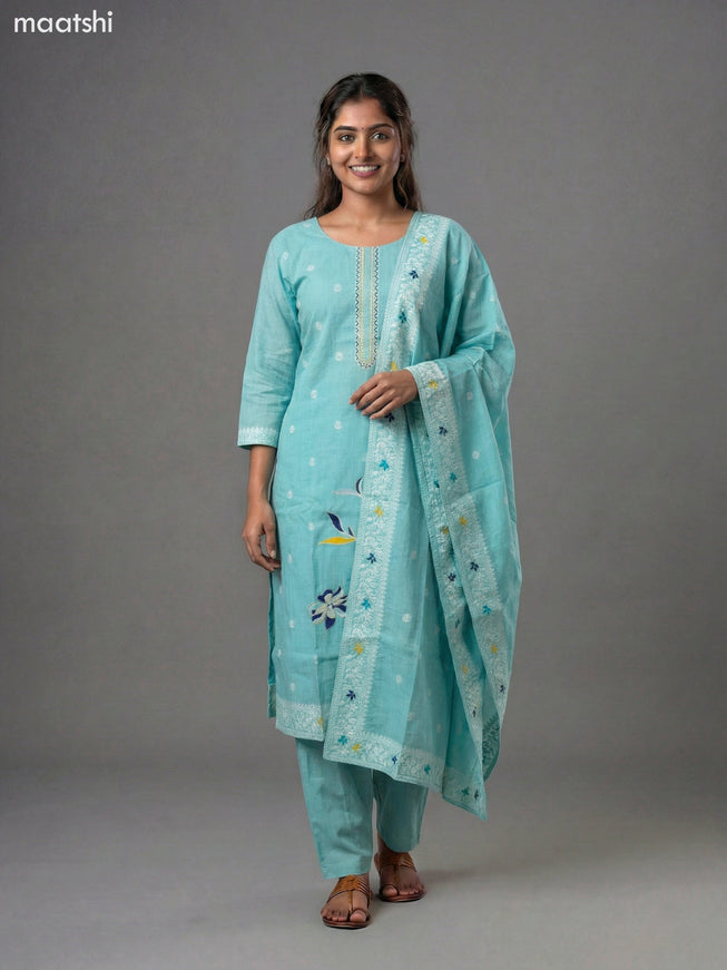 Teal Blue Chanderi Thread Embroidery Work Straight Suit