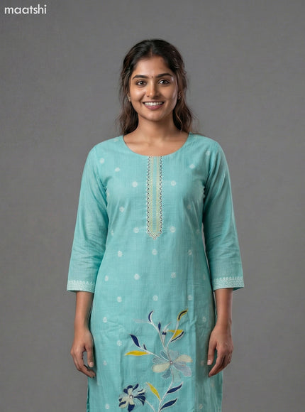 Teal Blue Chanderi Thread Embroidery Work Straight Suit