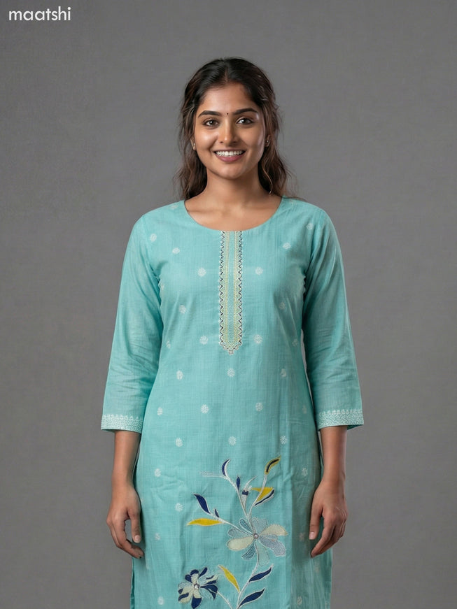 Teal Blue Chanderi Thread Embroidery Work Straight Suit