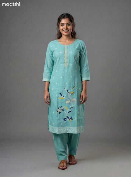 Teal Blue Chanderi Thread Embroidery Work Straight Suit