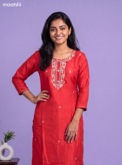 Muslin readymade salwar suit red with sequin & french knot work neck pattern and straight cut pant & organza dupatta