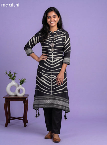 Black Art Tussar Printed Fish Cut Kurti Set