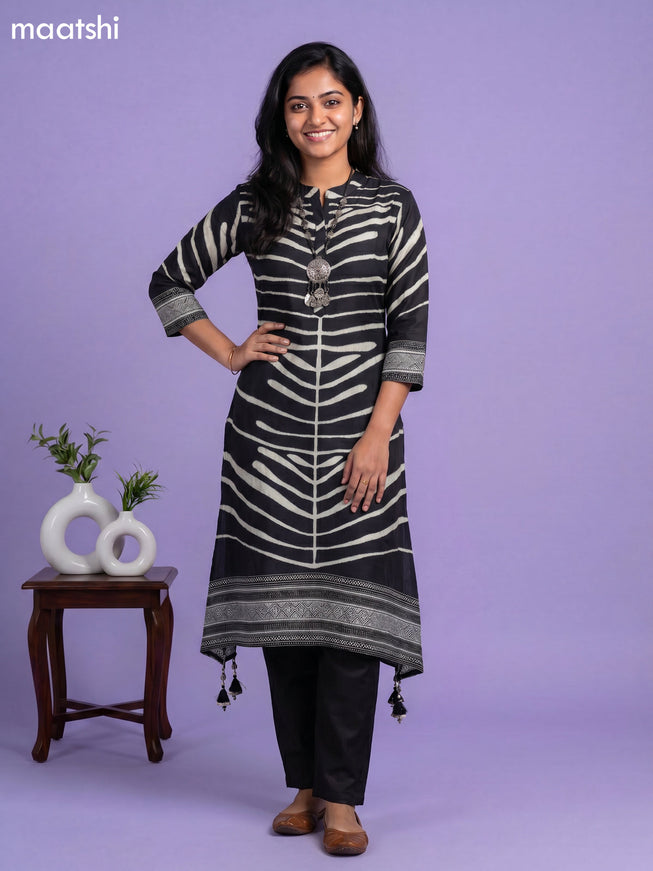 Black Art Tussar Printed Fish Cut Kurti Set