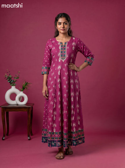 Magenta Pink Art Tussar Warli Printed Anarkali Kurti