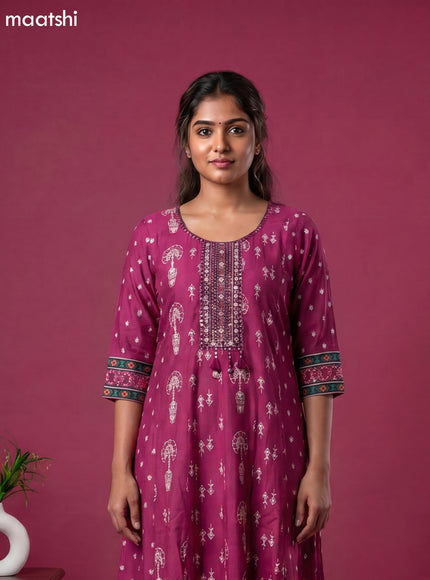 Magenta Pink Art Tussar Warli Printed Anarkali Kurti