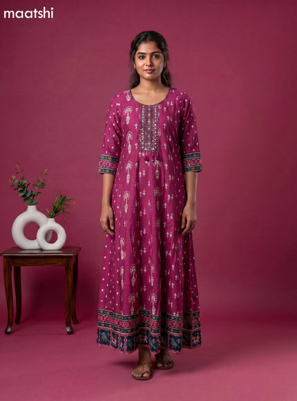 Magenta Pink Art Tussar Warli Printed Anarkali Kurti