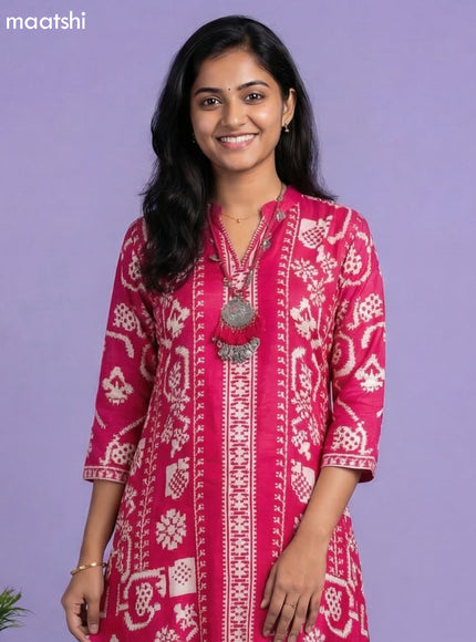 Pink Art Tussar Printed Fish Cut Kurti Set