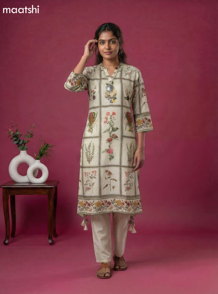 Cream Art Tussar Printed Fish Cut Kurti Set