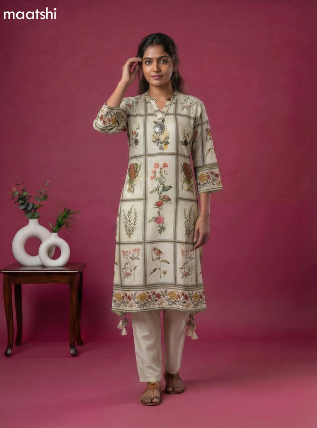 Cream Art Tussar Printed Fish Cut Kurti Set