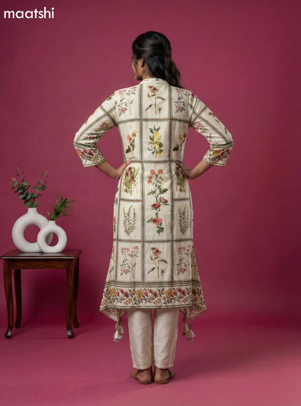 Cream Art Tussar Printed Fish Cut Kurti Set