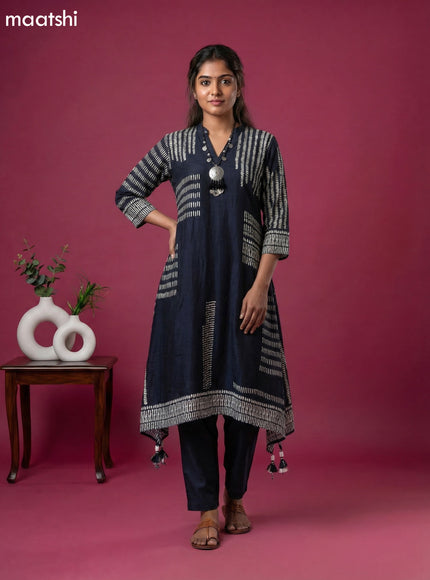 Black Art Tussar Printed Fish Cut Kurti Set