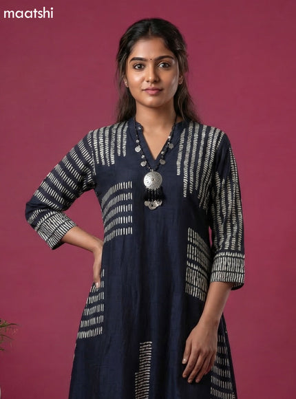 Black Art Tussar Printed Fish Cut Kurti Set