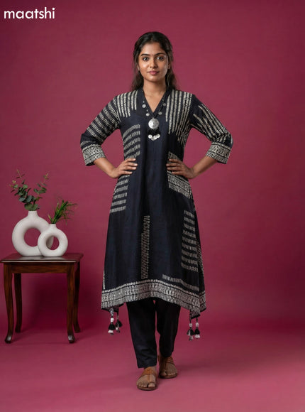 Black Art Tussar Printed Fish Cut Kurti Set