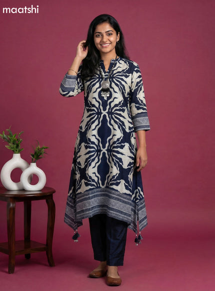 Navy Blue and Grey Art Tussar Printed Fish Cut Kurti Set