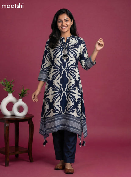 Navy Blue and Grey Art Tussar Printed Fish Cut Kurti Set