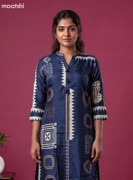 Navy Blue Art Tussar Printed Fish Cut Kurti Set