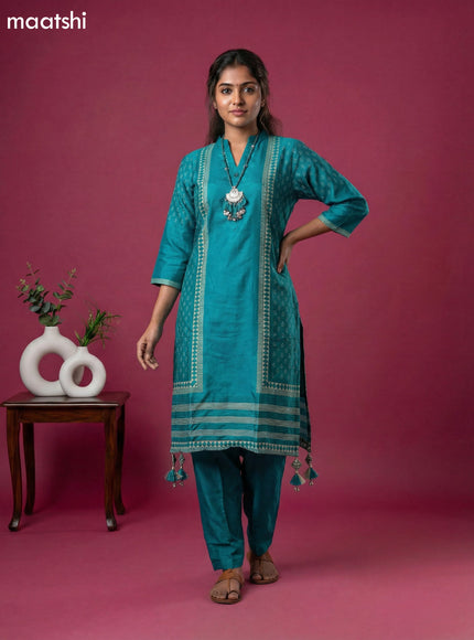 Teal Blue Art Tussar Printed Fish Cut Kurti Set