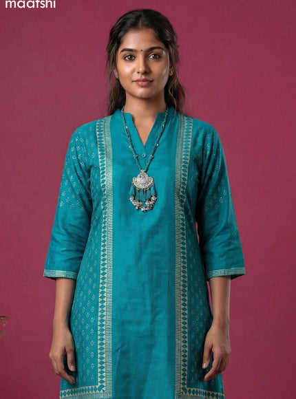 Teal Blue Art Tussar Printed Fish Cut Kurti Set