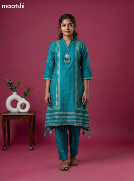 Teal Blue Art Tussar Printed Fish Cut Kurti Set