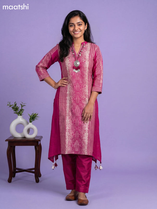 Magenta Pink Art Tussar Printed Fish Cut Kurti Set