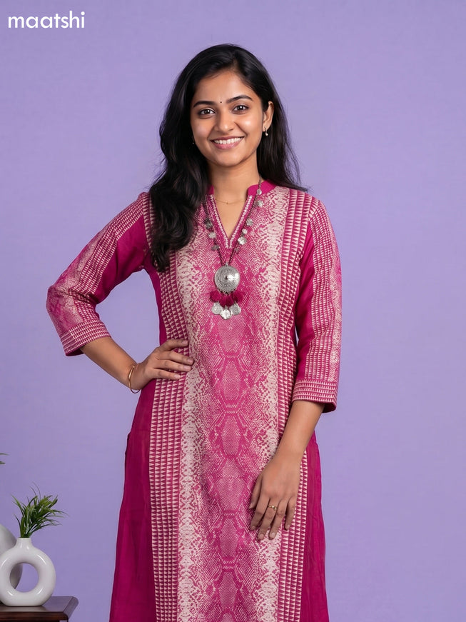 Magenta Pink Art Tussar Printed Fish Cut Kurti Set